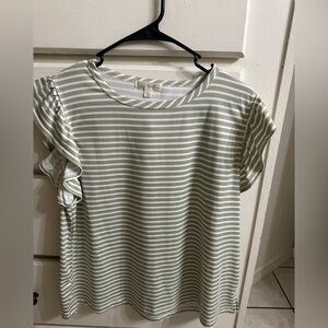 Nine Britton Green Striped Ruffle Sleeve Tee